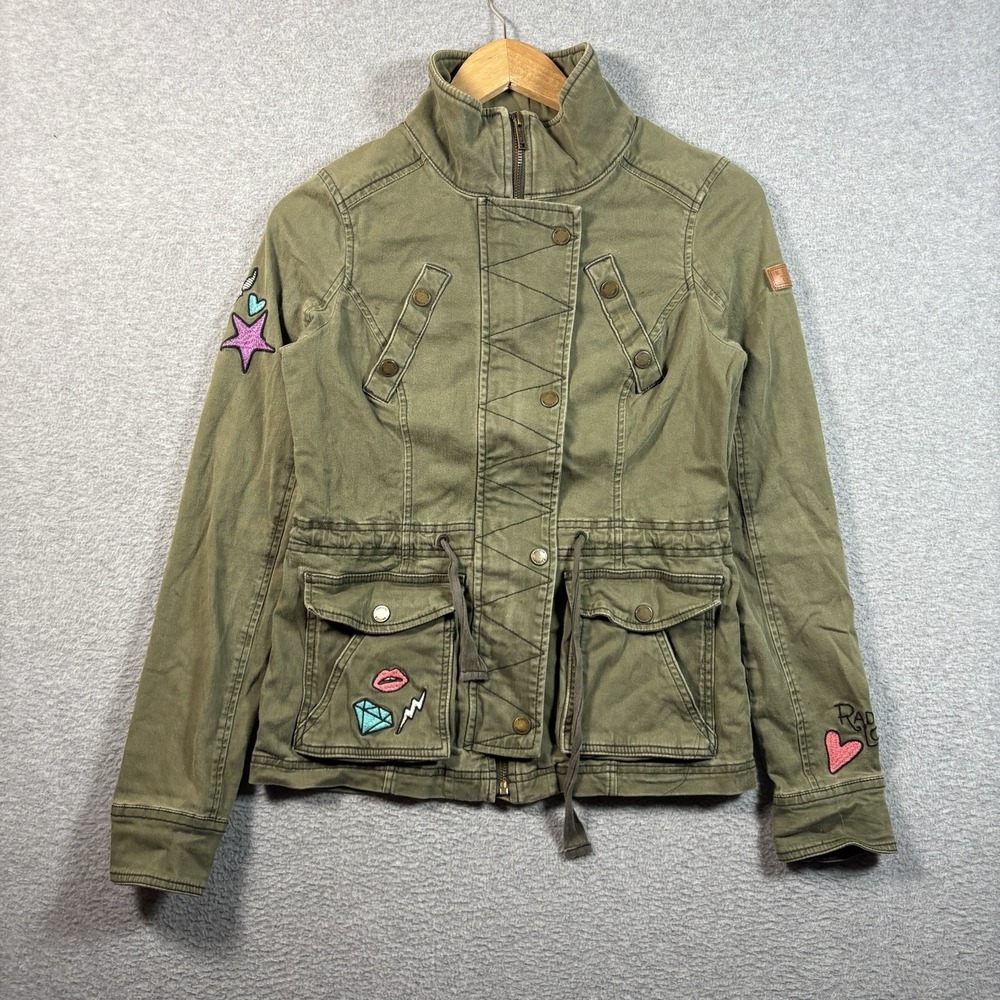 VTG Hollister Utility Field Jacket Womens Small Olive Green Embroidered Patches